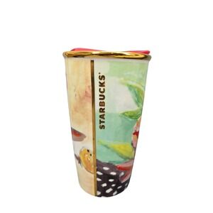Starbucks 2014 Floral Ceramic Travel Tumbler Mug 10oz Red Lid Gold Rim